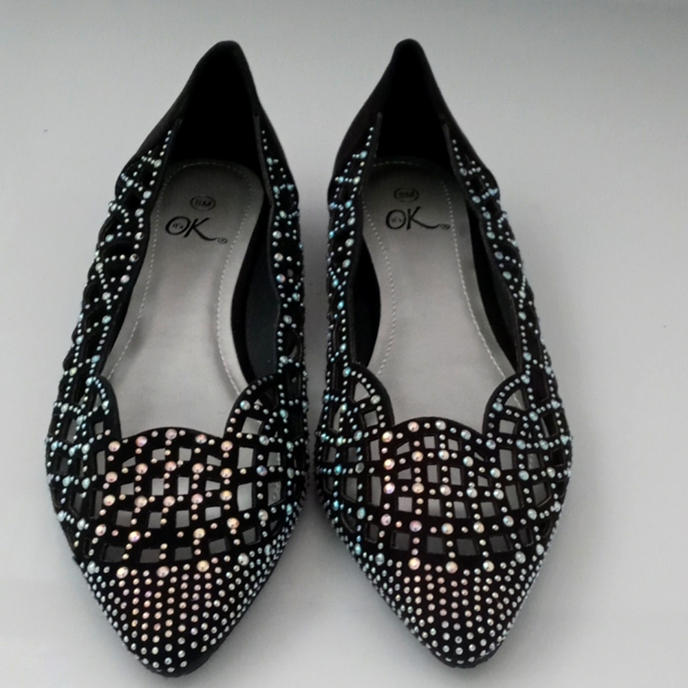 Faux suede laser cut rhinestone black flats 8